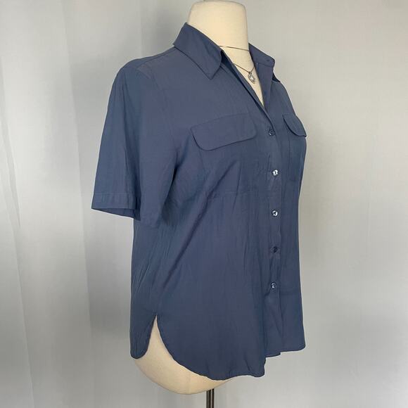 Vintage Casual Top Size XL Blue Solid Short Sleeve Button Pocket Minimal Relaxed - Picture 4 of 11